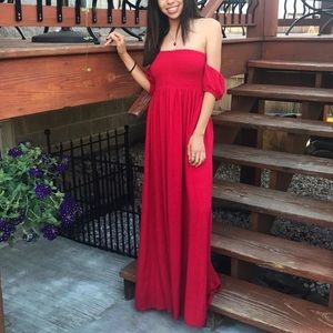 Red off the shoulder maxi-dress